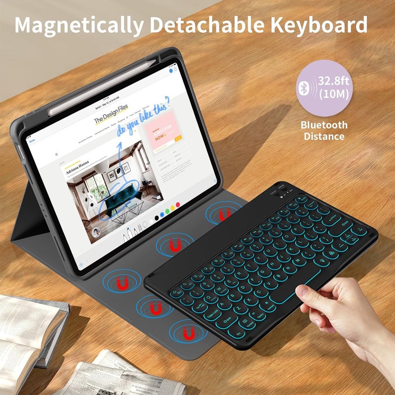 kenke for iPad 11/10th Gen Case with Keyboard 11/10.9 inch 2025 A16/2022, Detachable Wireless Upgrade 1 Step BT Connection with Right Side Pencil Holder, Backlit Black Round Keycaps (Black - Image 2